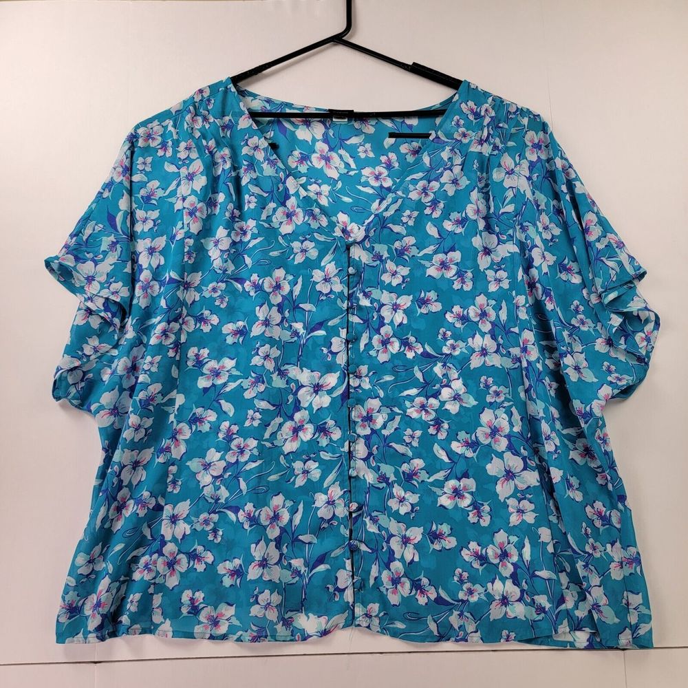 Torrid Blouse Womens 4  Button Front Short Sleeve V Neck Teal/White Flower Print